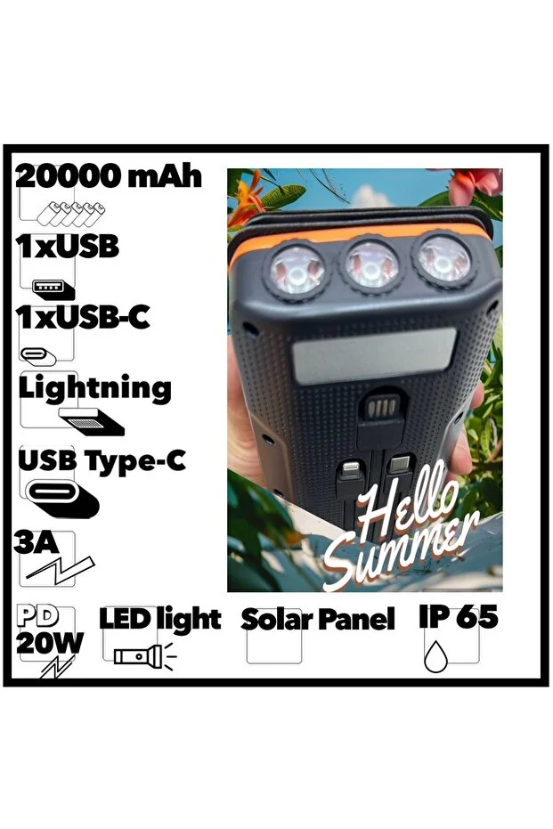 Güneş Enerjili 20000 Mah Powerbank solar 4 Panel Su Geçirmez Hızlı PD 20W Hızlı Şarj